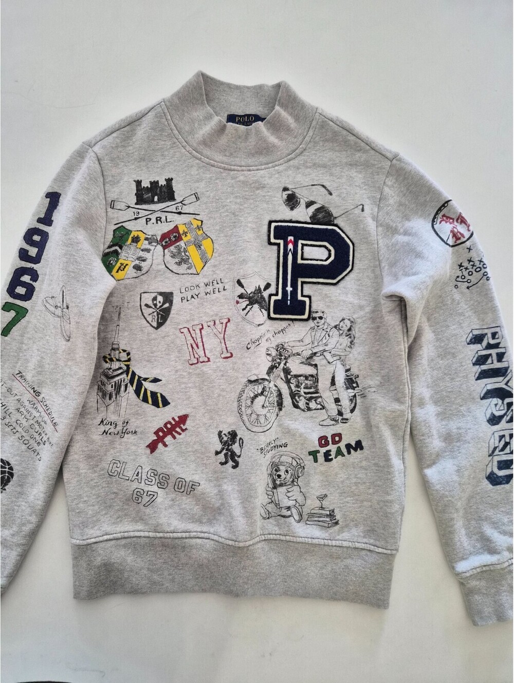 Polo Ralph Lauren Mock Neck Sweatshirt Small S Grey Patch Sketch Multi Logo 1967
